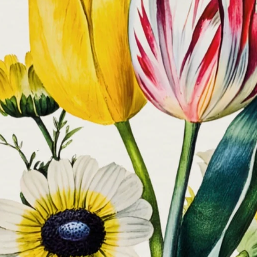 English Tulip & Chrysanthemum – P.J. Redoute, 1835 | Botanical Print