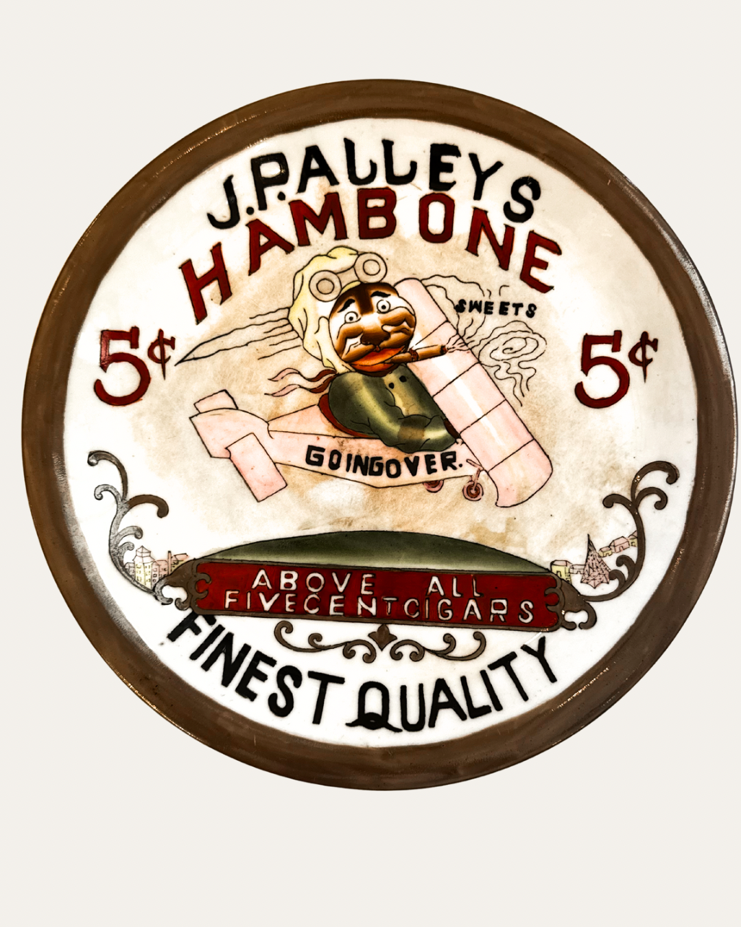Buffalo Pottery “J.P. Alley’s Hambone” Advertising Plate, c. 1911 | Antique Cigar Sign - Cultural Artifact